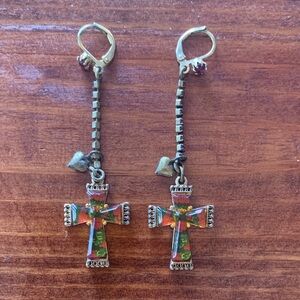 Vintage Betsey Johnson Y2K Rocker Chic Cross Heart Dangle Earrings